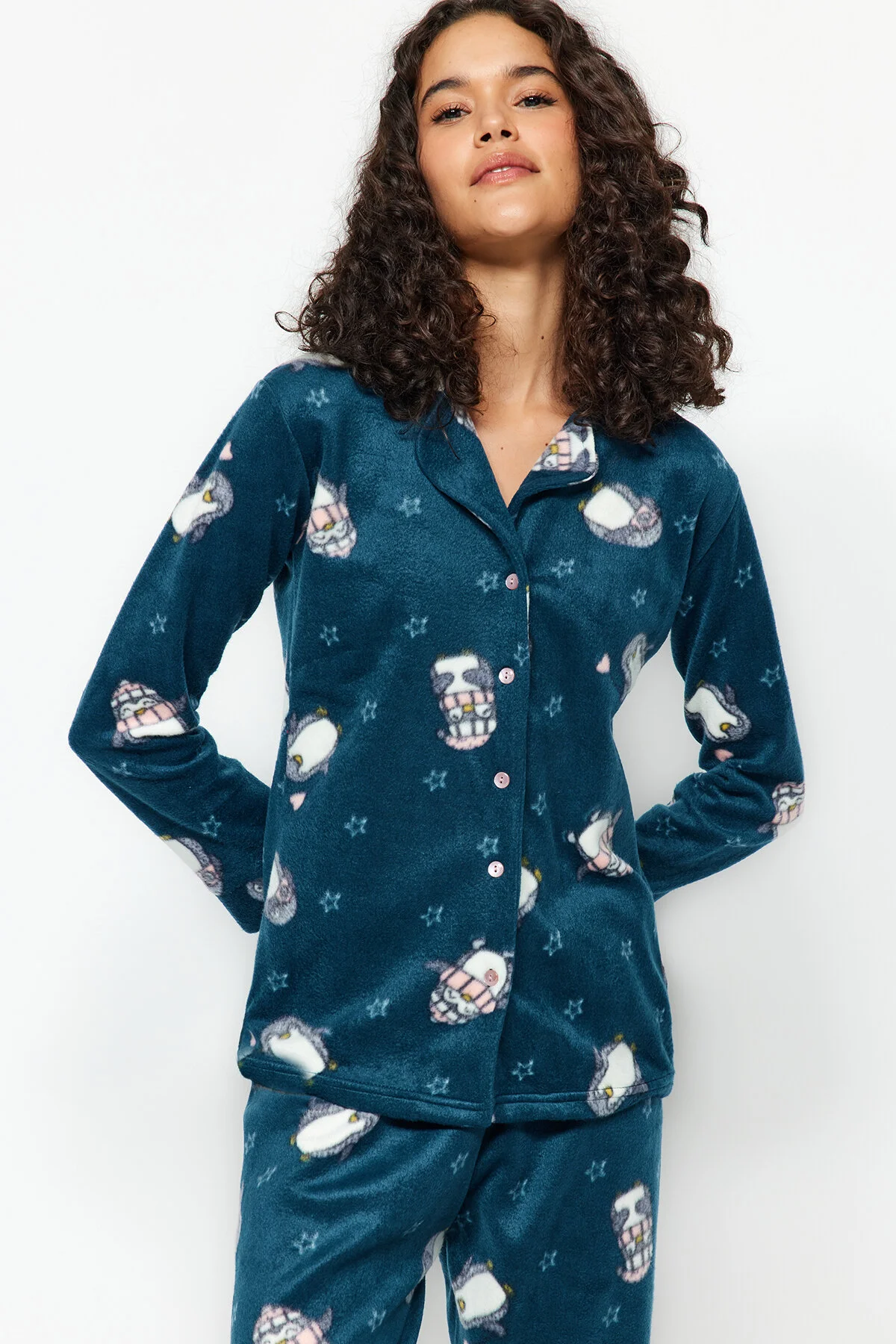 Bild von Trendyol Collection Petrol-pinguin-gemustertes Fleece-winter-strick-pyjama-set für Damen - S