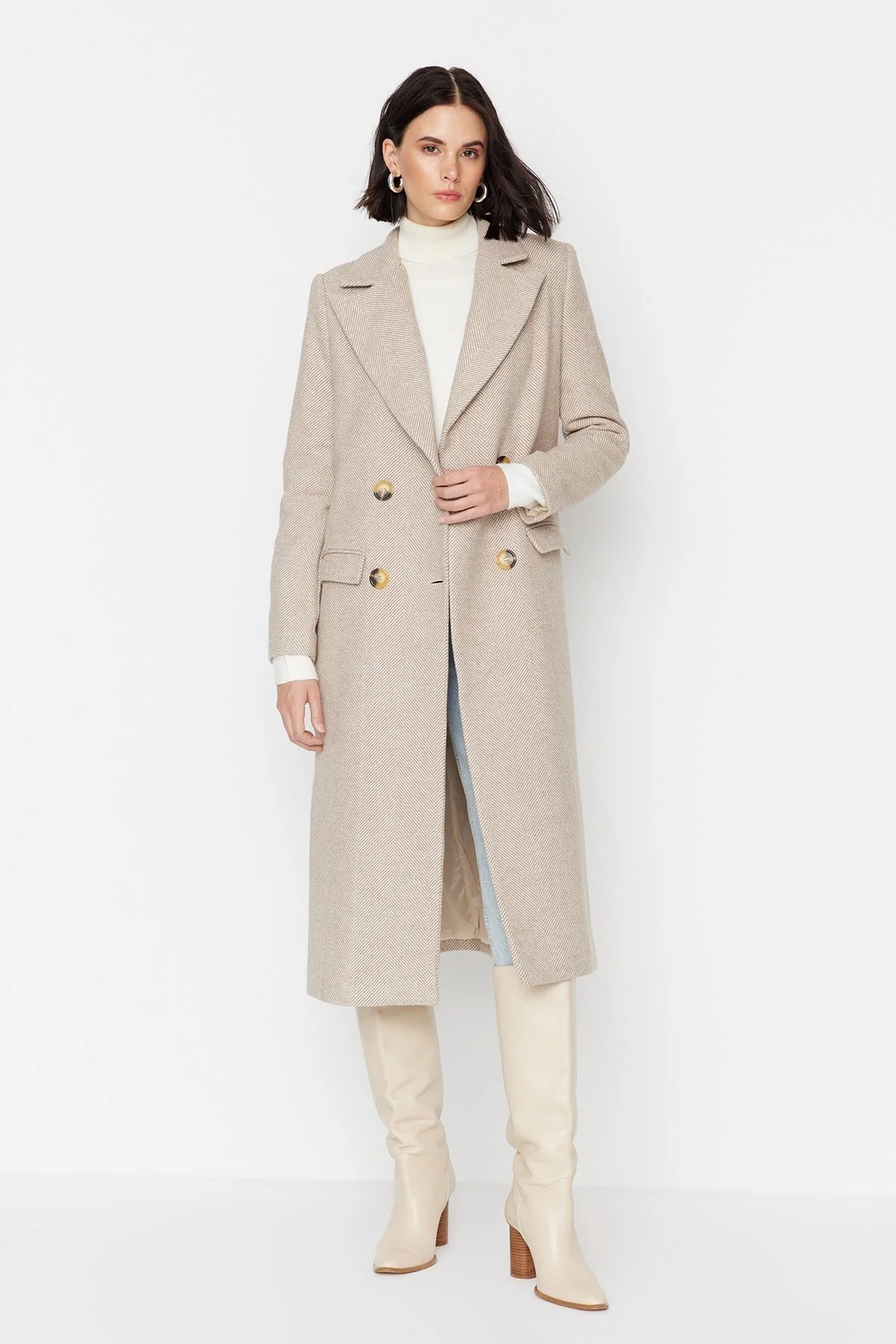 Bild von Trendyol Collection Brauner, Langer Mantel Mit Fischgrätenmuster für Damen - 42