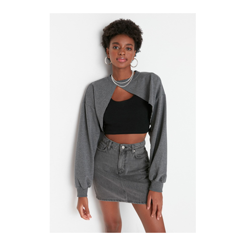 Bild von Trendyol Collection Anthrazitfarbenes, Asymmetrisches Super-crop-sweatshirt Mit Rundhalsausschnitt Und Dünnem Strickmuster für Damen - L