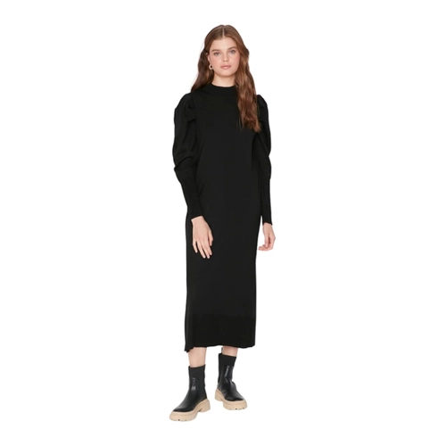 Bild von Trendyol Modest Schwarzes Strickkleid mit Gerafften Schultern und Rundhalsausschnitt - XL