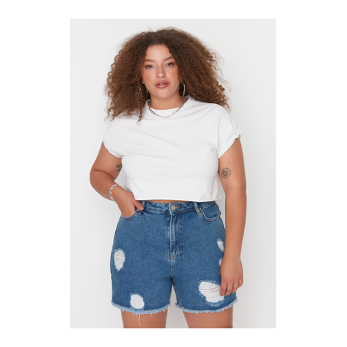 Bild von Trendyol Curve Dunkelblaue Jeansshorts im Destroyed-Stil mit hoher Taille und Bermuda für Damen - Größe 44