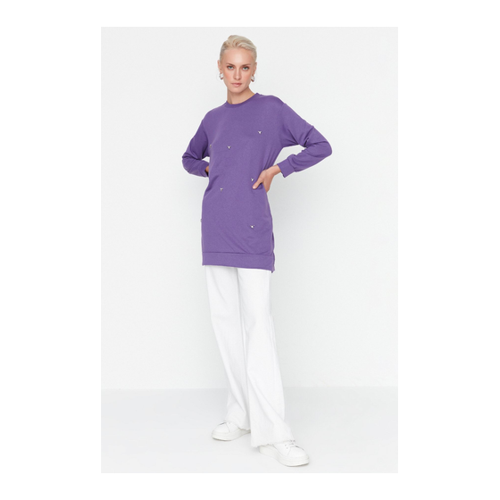 Bild von Dunkelviolette Stricktunika mit Rundhalsausschnitt und Steindetail für Damen