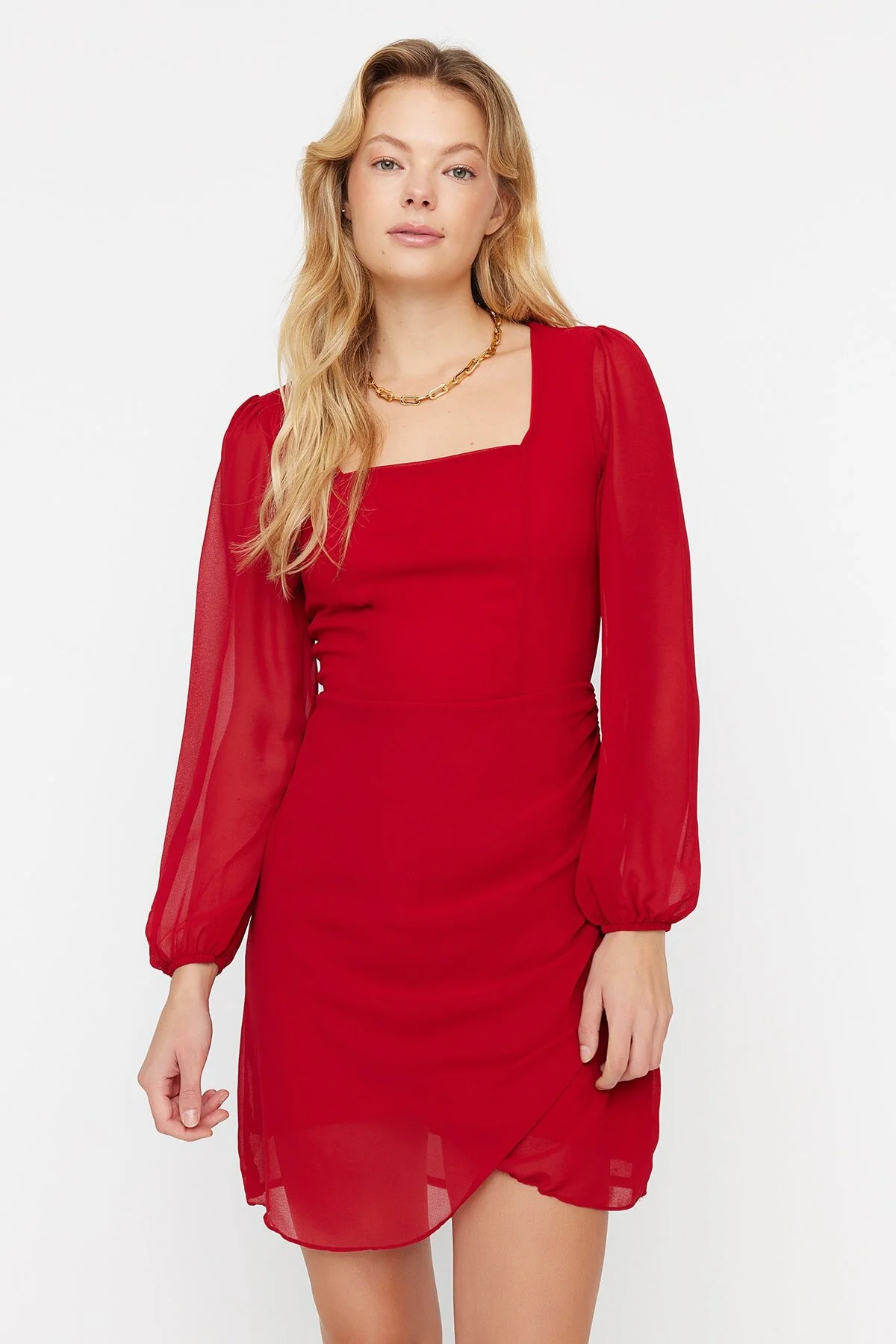 Bild von Trendyol Collection Burgunderrotes A-linien-minikleid Mit Quadratischem Kragen Und Gefüttertem Webmuster für Damen - 38