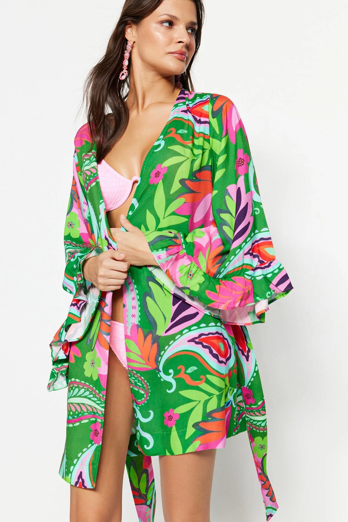 Bild von Trendyol Collection Mini-kimono Mit Gewebtem Volant Und Paisley-muster Und Gürtel für Damen - L