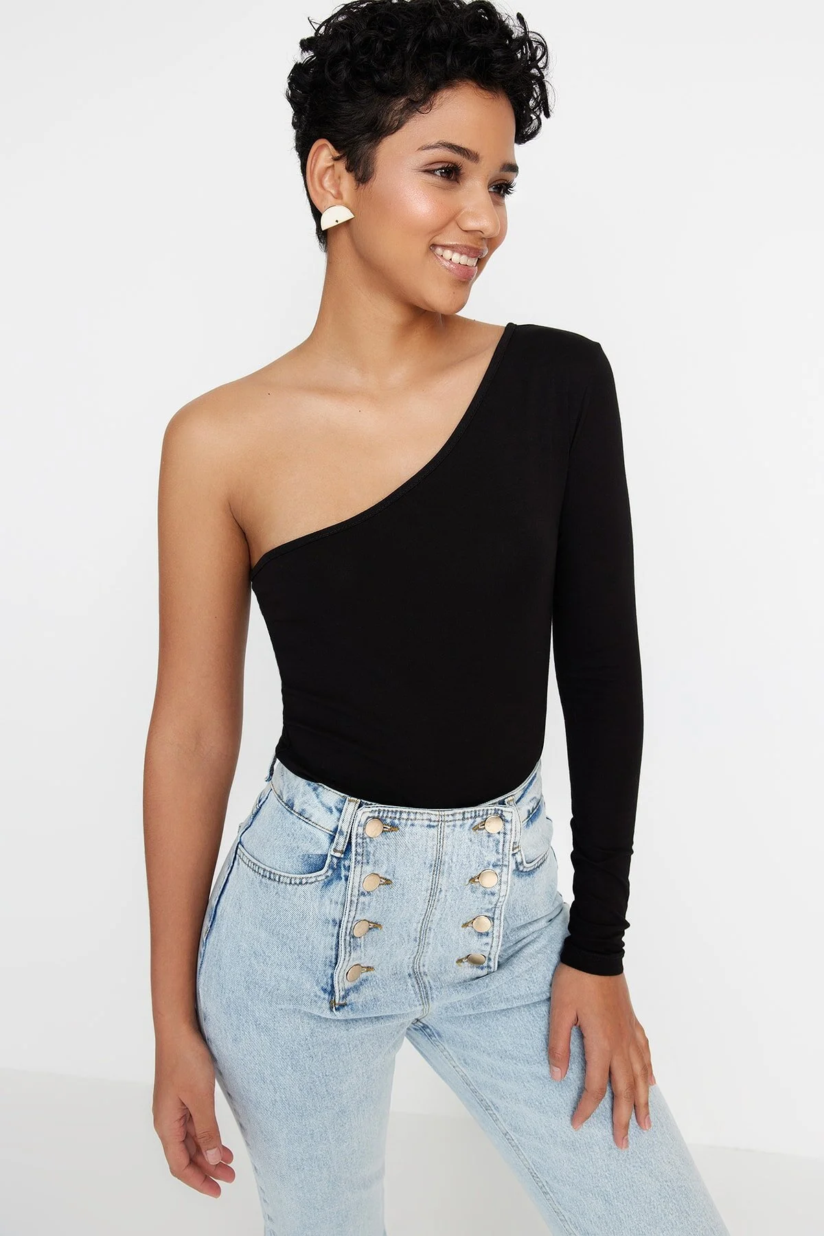 Bild von Trendyol Collection Schwarzer, Einärmliger Strick-body Aus Baumwollstretch Mit Druckknöpfen für Damen - L