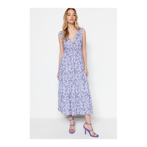 Bild von Trendyol Collection Lilafarbenes, Blumengemustertes, Ärmelloses Maxi-strickkleid In A-linie Mit V-ausschnitt für Damen - XS