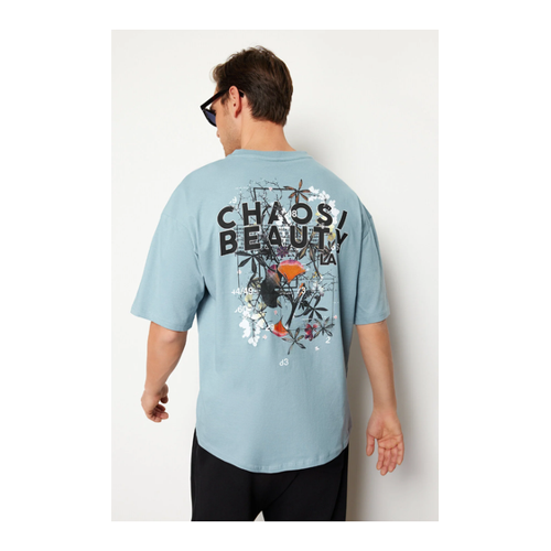 Bild von Trendyol Collection Übergroßes Blaues Bedrucktes Baumwoll-T-Shirt für Herren - XL