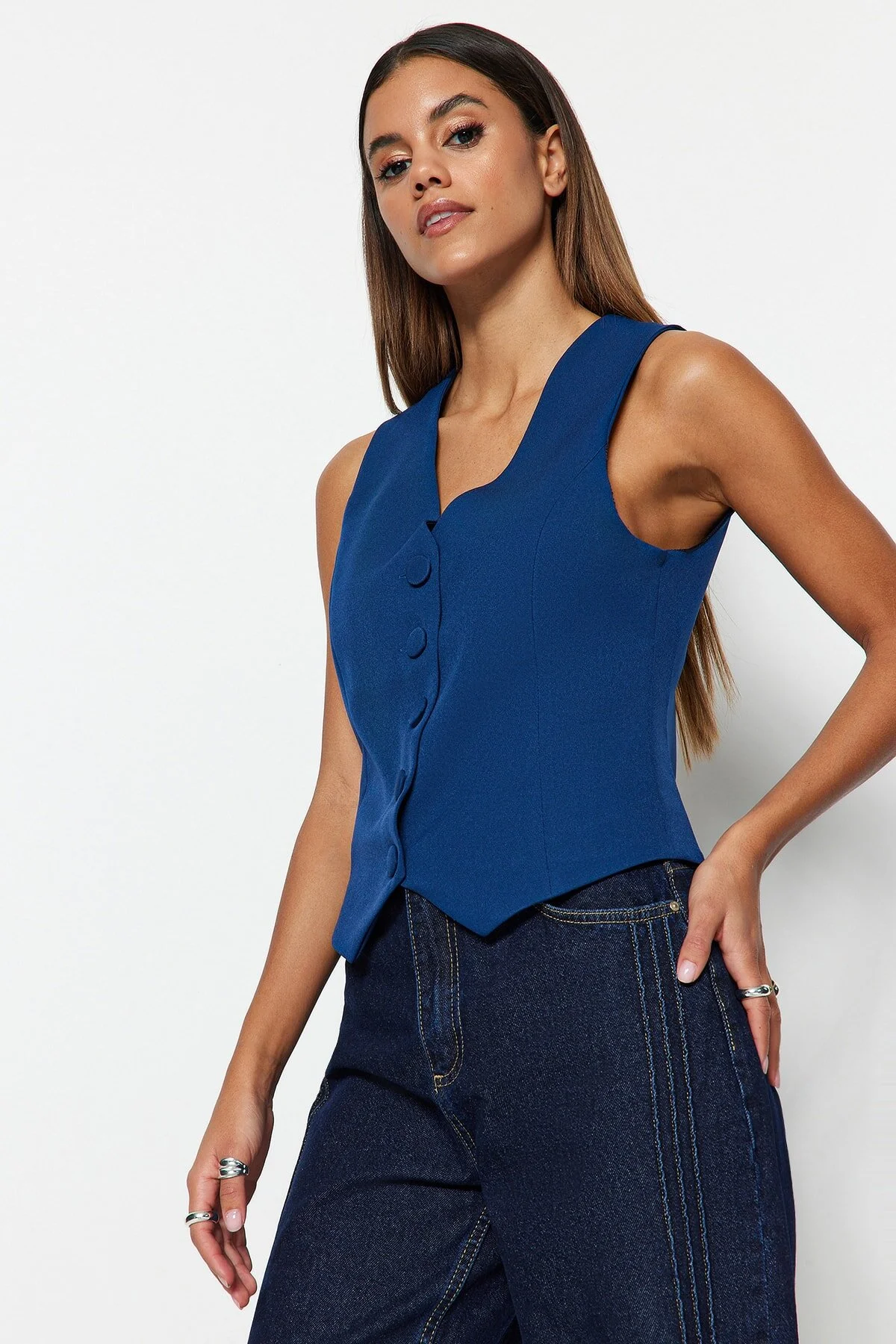Bild von Trendyol Collection Marineblaue, Taillierte, Gefütterte, Geknöpfte, Gewebte Weste für Damen - 38