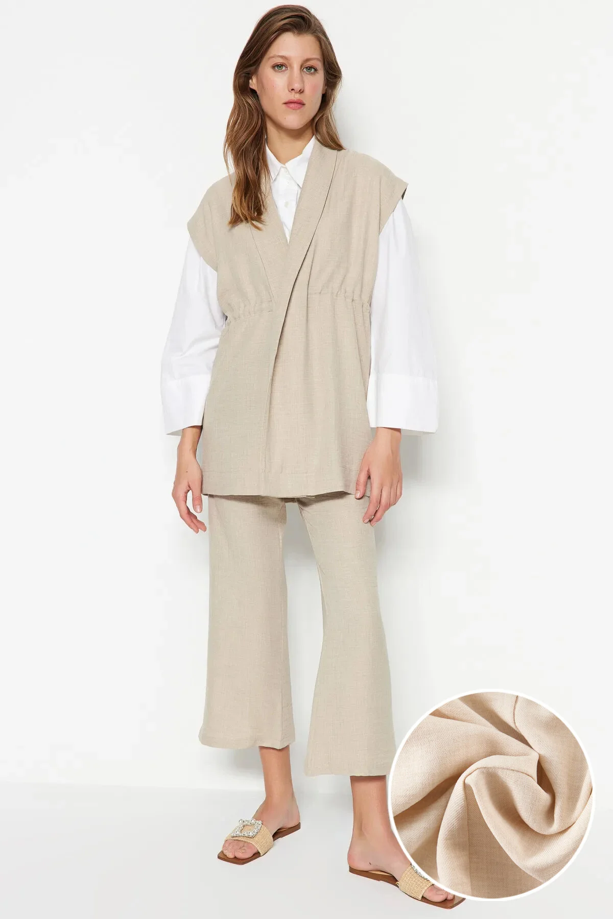 Bild von Trendyol Modest Cremefarbenes, Gewebtes Kimono-hosen-set Mit Innenband In Leinenoptik für Damen - 36