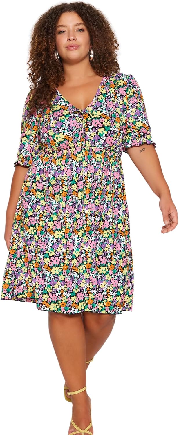 Bild von Trendyol Curve Mehrfarbiges Strickkleid Mit Blumenmuster Und V-ausschnitt für Damen - XL