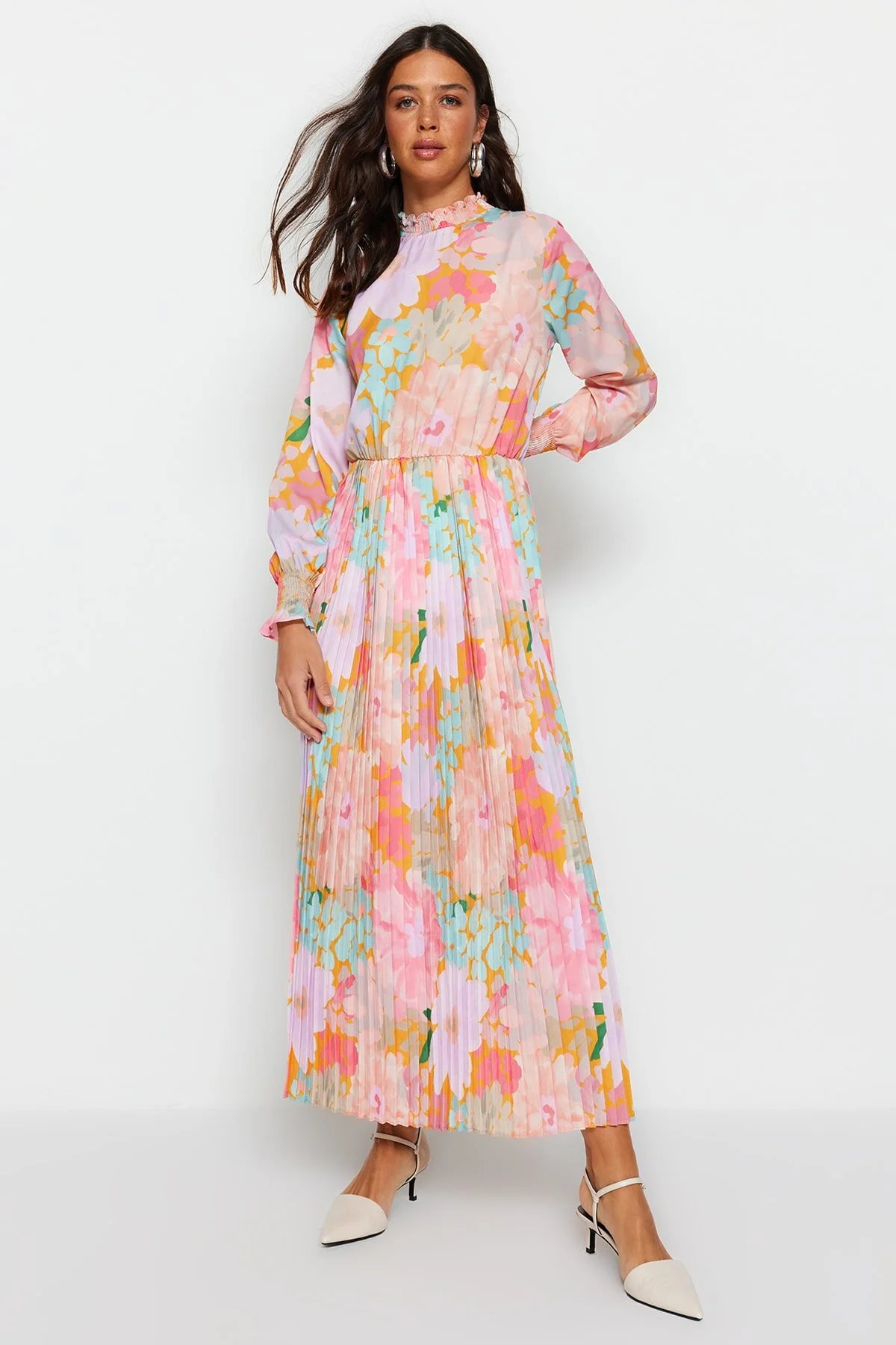 Bild von Trendyol Modest Rosa, Mehrfarbiger Rock, Plissiertes, Gewebtes Blumenkleid für Damen - 34