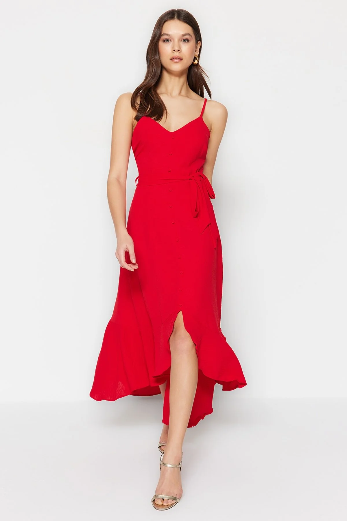 Bild von Trendyol Collection Rotes Gewebtes Maxikleid In A-form Mit Volant, Gürtel Und Knopfleiste für Damen - 36