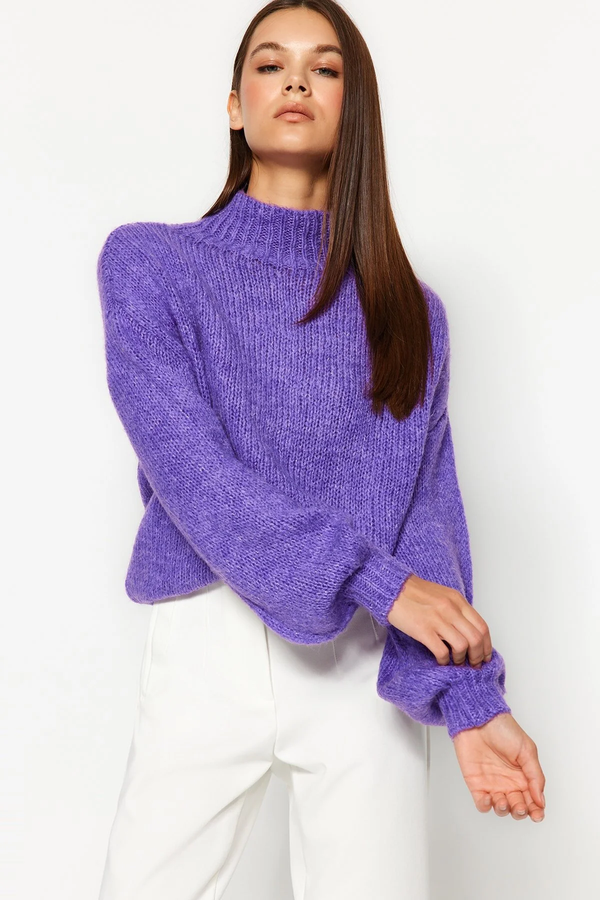 Bild von Trendyol Collection Lila, Weich Strukturierter, Dicker Strickpullover Mit Rundhalsausschnitt für Damen - L