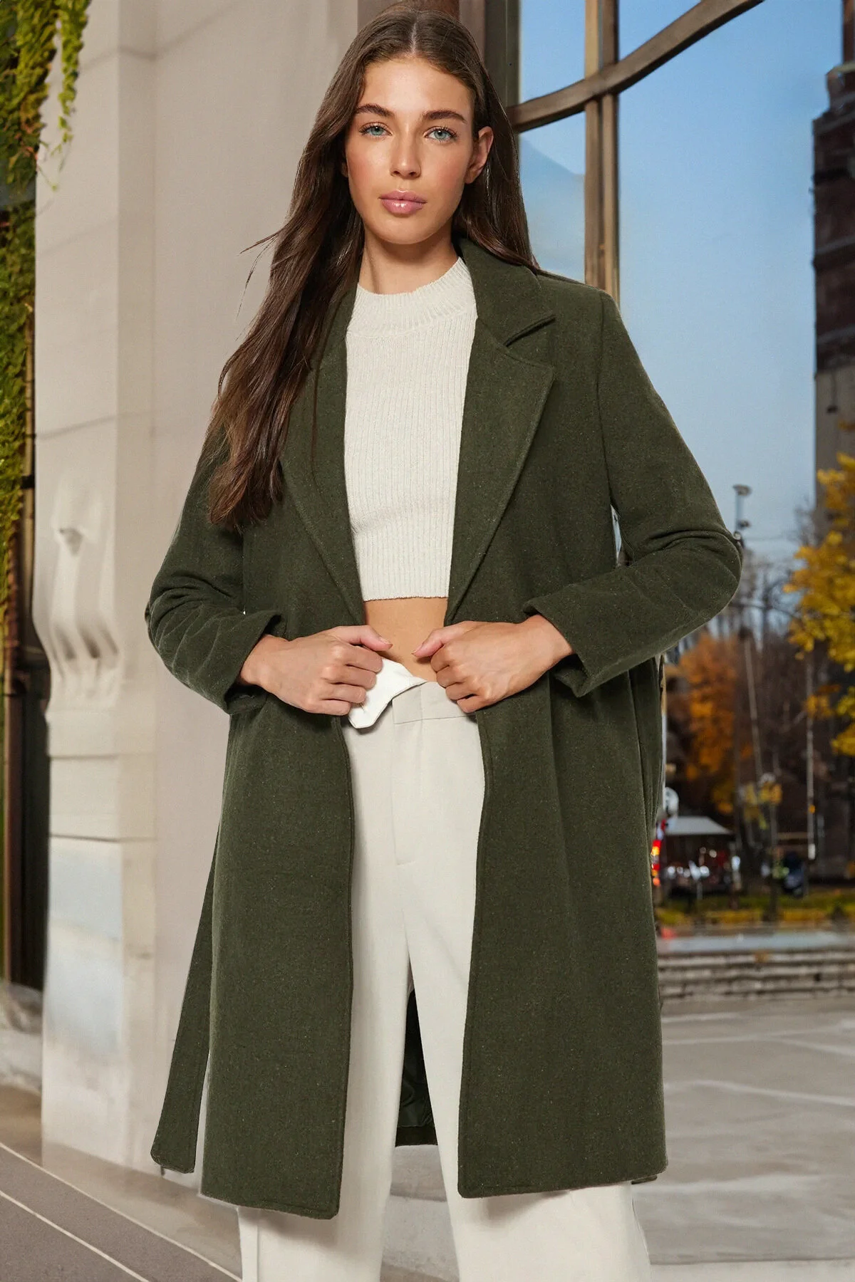Bild von Trendyol Collection Khakifarbener, Langer Wollmantel Mit Gürtel Und Stempelmuster für Damen - 34