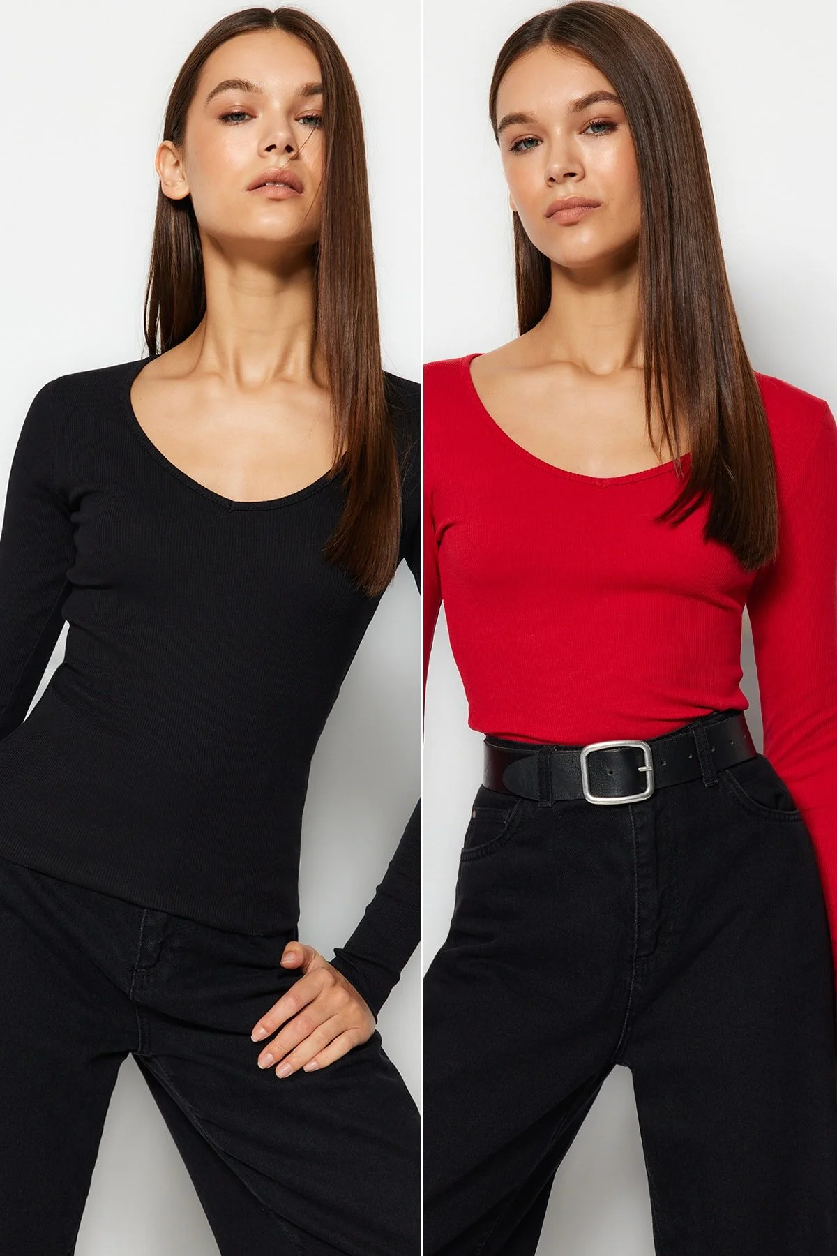 Bild von Trendyol Collection Schwarz-rote, Taillierte, Dehnbare Strickbluse Aus Baumwolle Mit V-ausschnitt Im 2er-pack für Damen - M