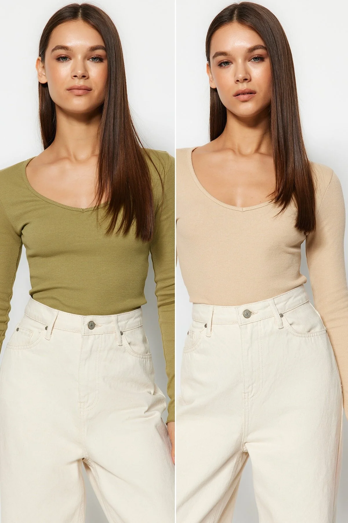 Bild von Trendyol Collection Khaki-beige, 2er-pack Figurbetonte, Dehnbare Strickblusen Aus Baumwolle Mit V-ausschnitt für Damen - L