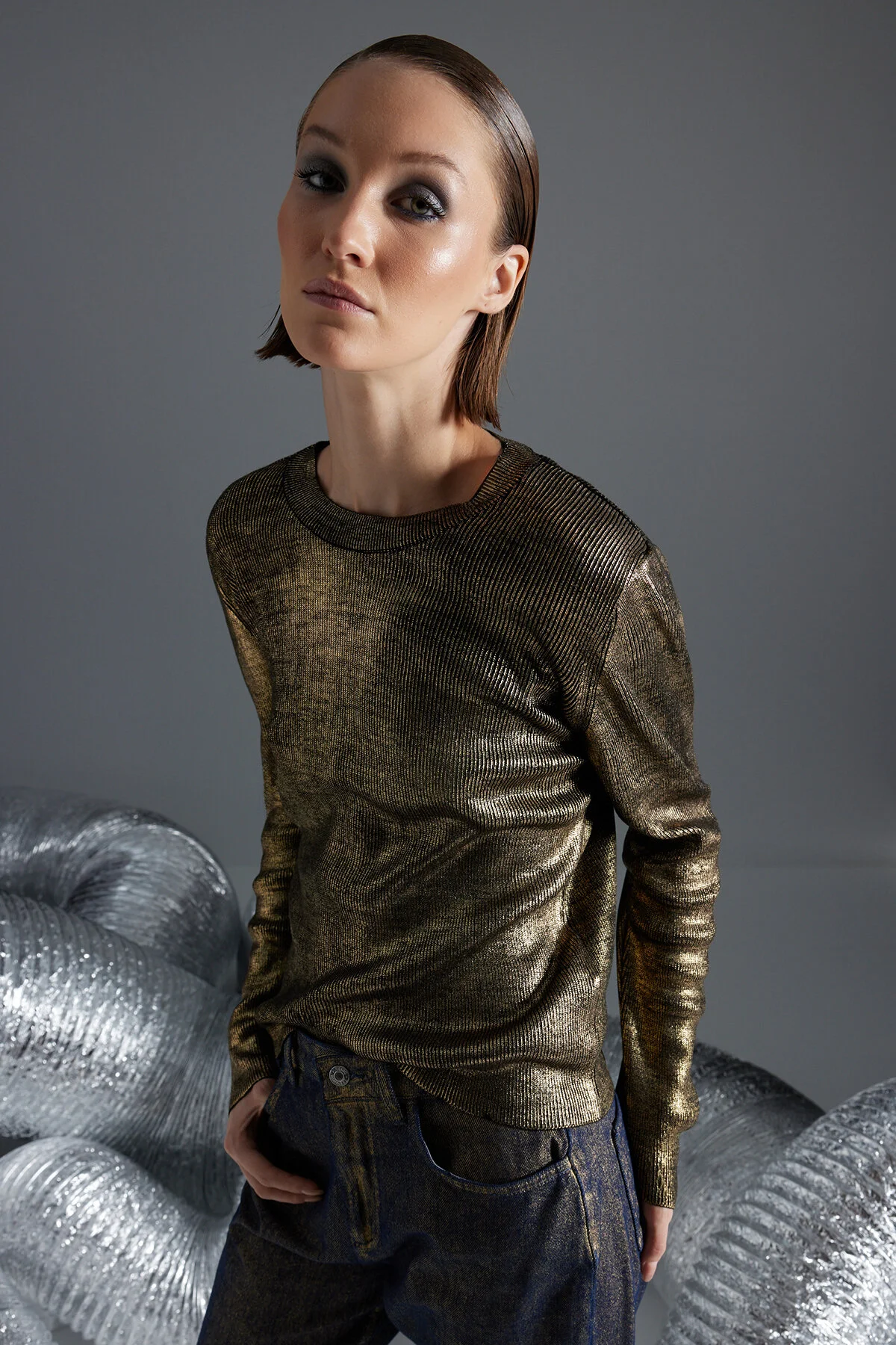 Bild von Trendyol Collection Goldfarbener Strickpullover Mit Foliendruck für Damen - M