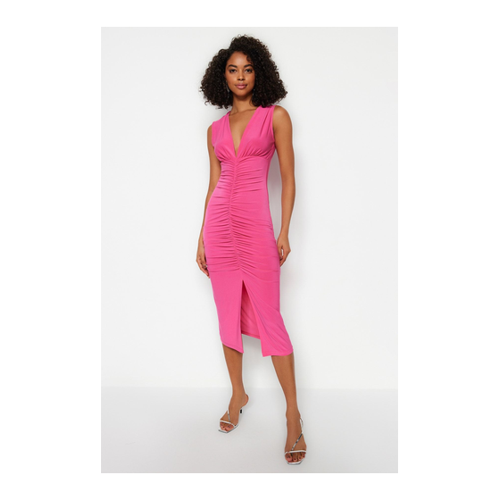 Bild von Trendyol Collection Fuchsiafarbenes, Gerafftes, Tailliertes Midi-Bleistiftkleid Aus Strick Und Stretch für Damen - XL