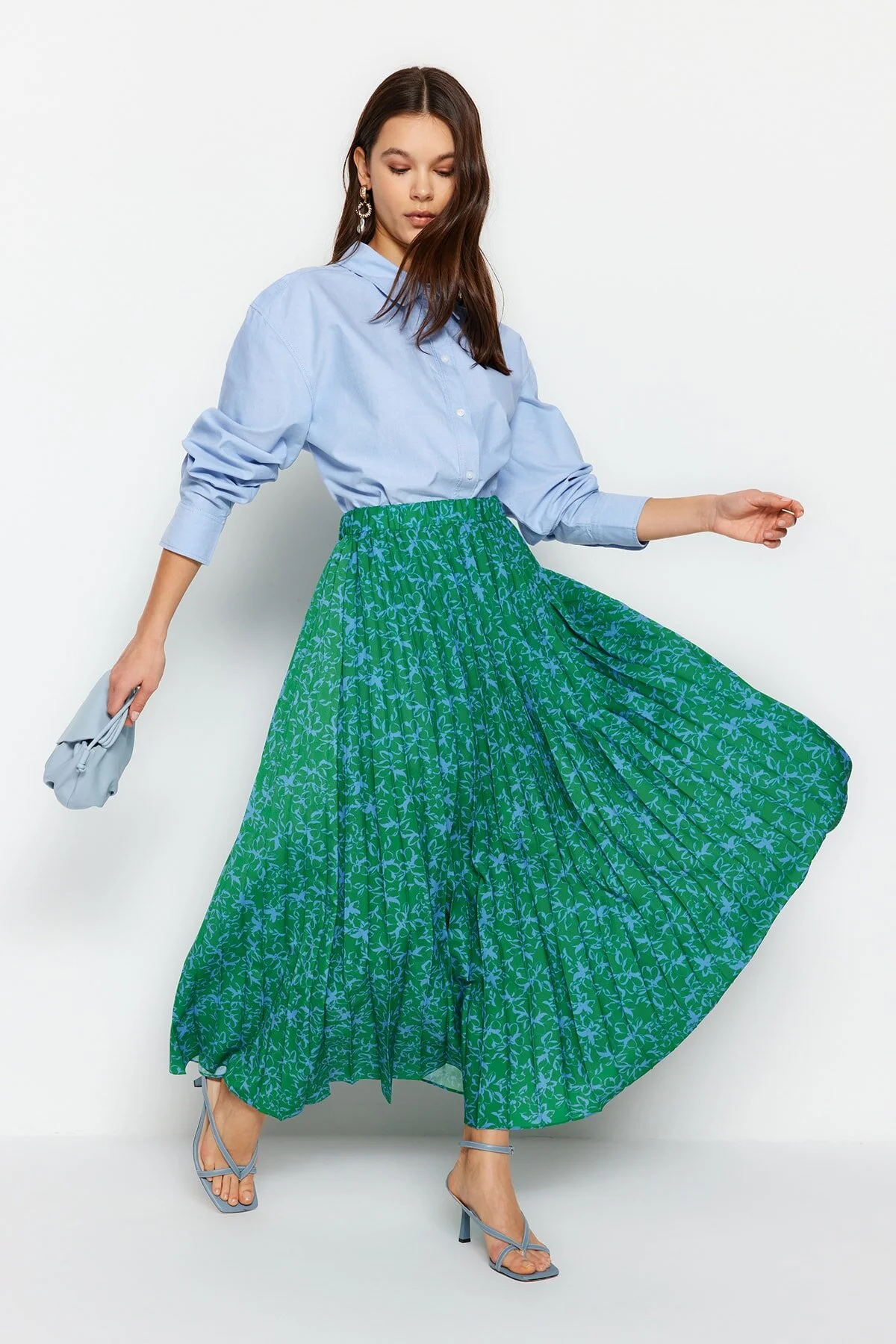 Bild von Trendyol Modest Grüner, Plissierter, Gewebter Rock Mit Elastischem Bund Und Blumenmuster für Damen - 34