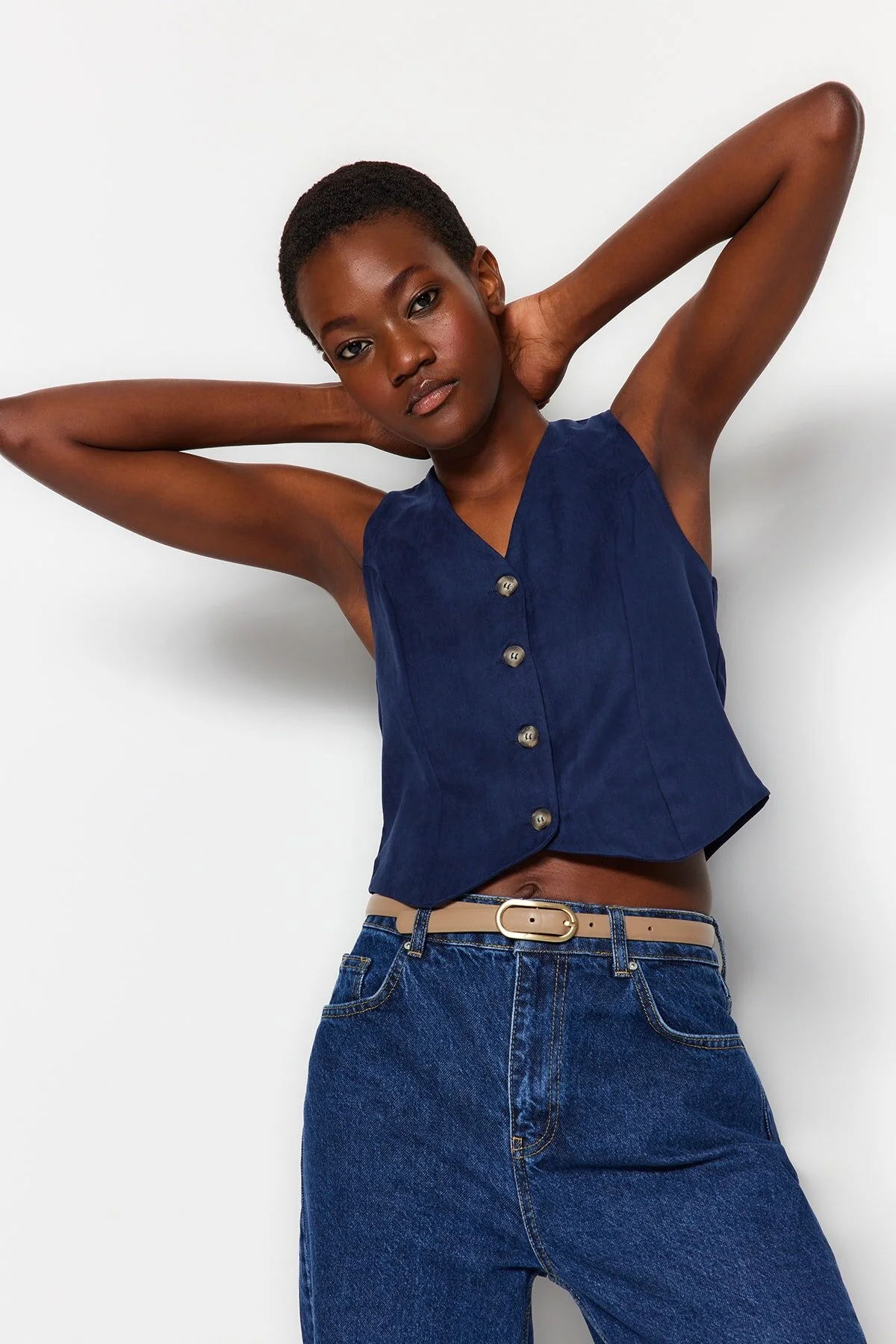 Bild von Trendyol Collection Indigofarbene, Geknöpfte, Gewebte Wildlederweste für Damen - 40