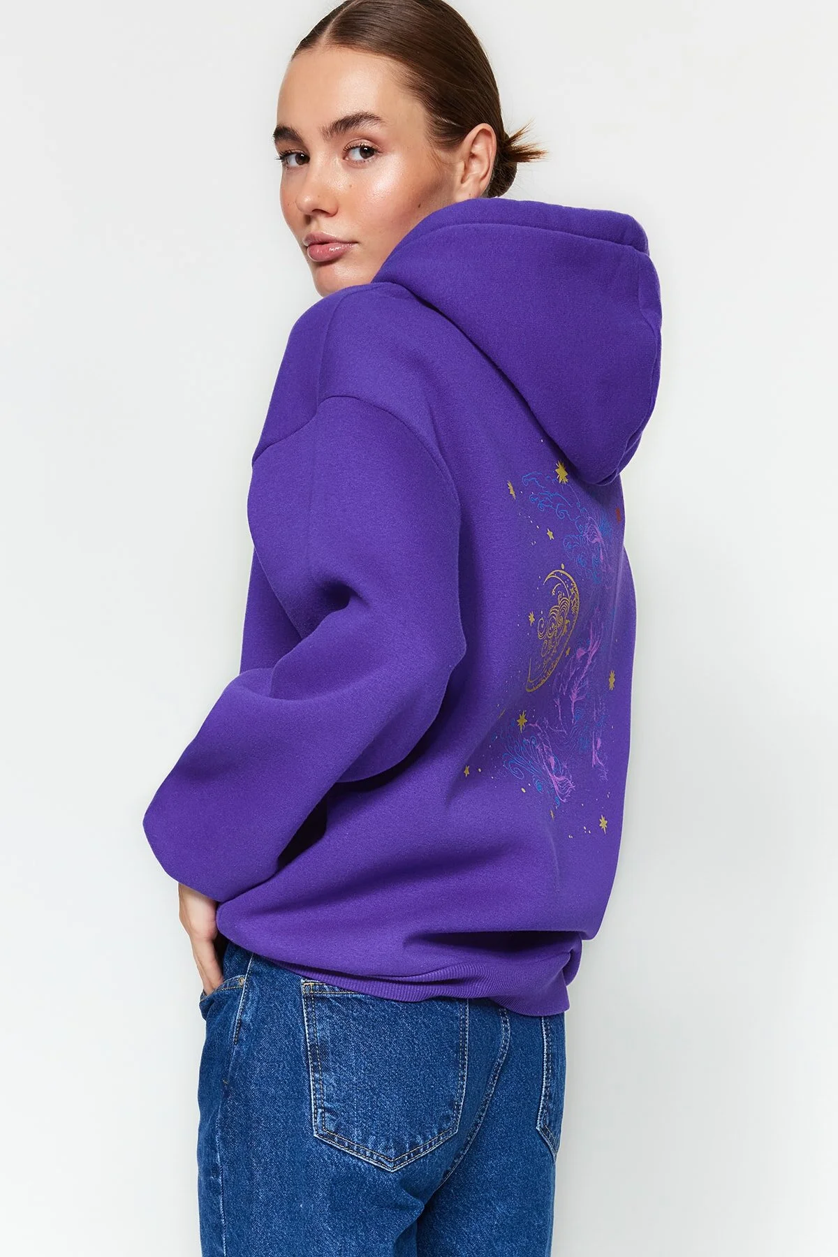 Bild von Trendyol Collection Lila, Dickes Fleece Innen, Bedruckt, Kapuze, Oversize/weite Passform, Strick-sweatshirt für Damen - XS