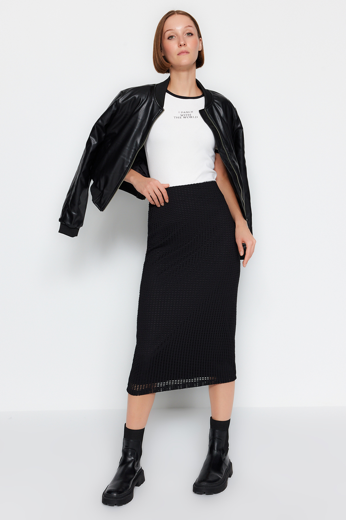Bild von Trendyol Collection Schwarzer Midi-strickrock Aus Gefüttertem Netzstoff Mit Hoher Taille für Damen - L