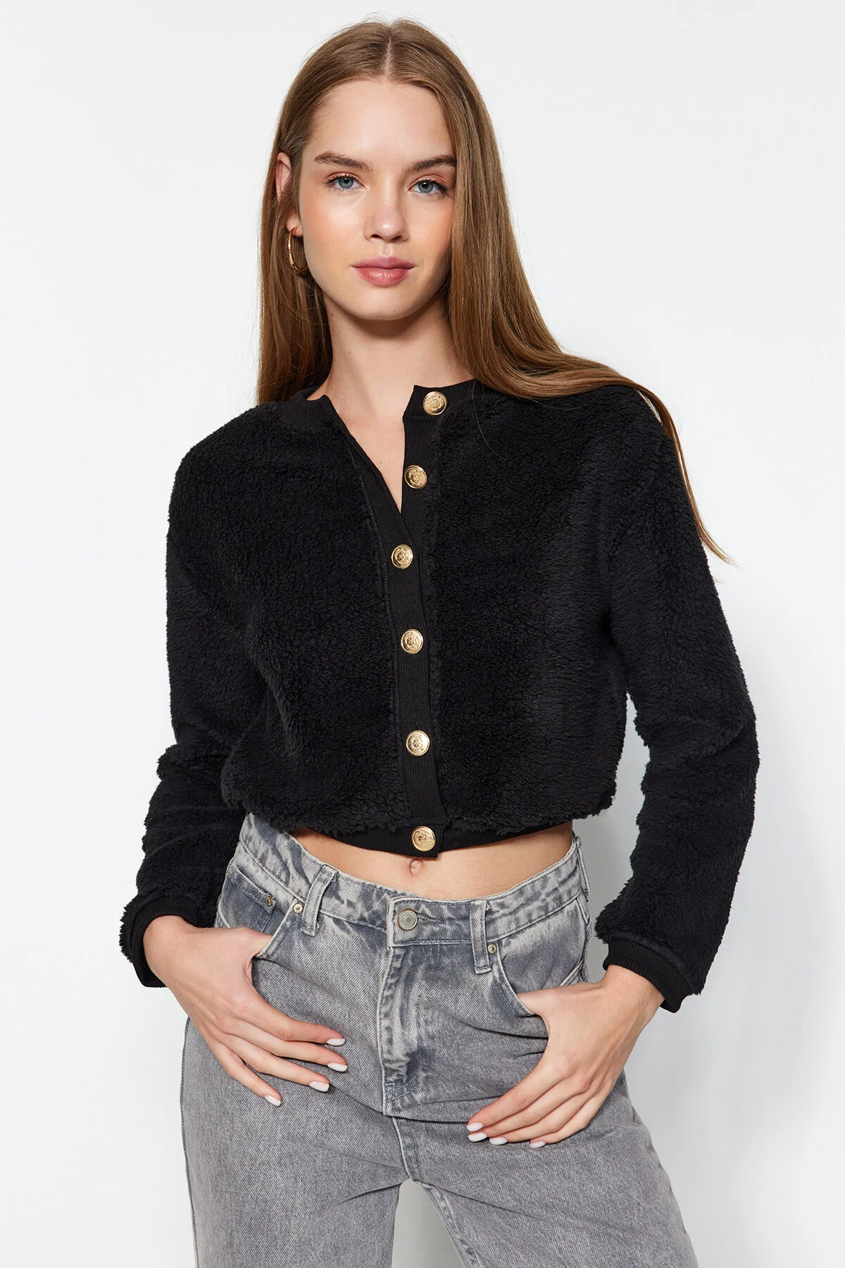 Bild von Trendyol Collection Schwarz-goldene, Geknöpfte Plüsch-kurz-strickjacke für Damen - M