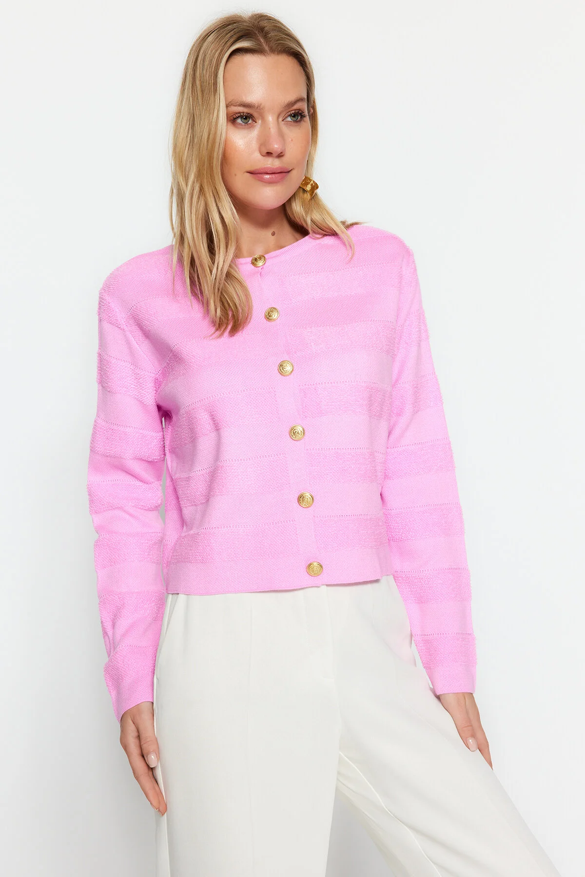 Bild von Trendyol Collection Rosafarbener Strick-cardigan Mit Rundhalsausschnitt – Jackenoptik für Damen - S