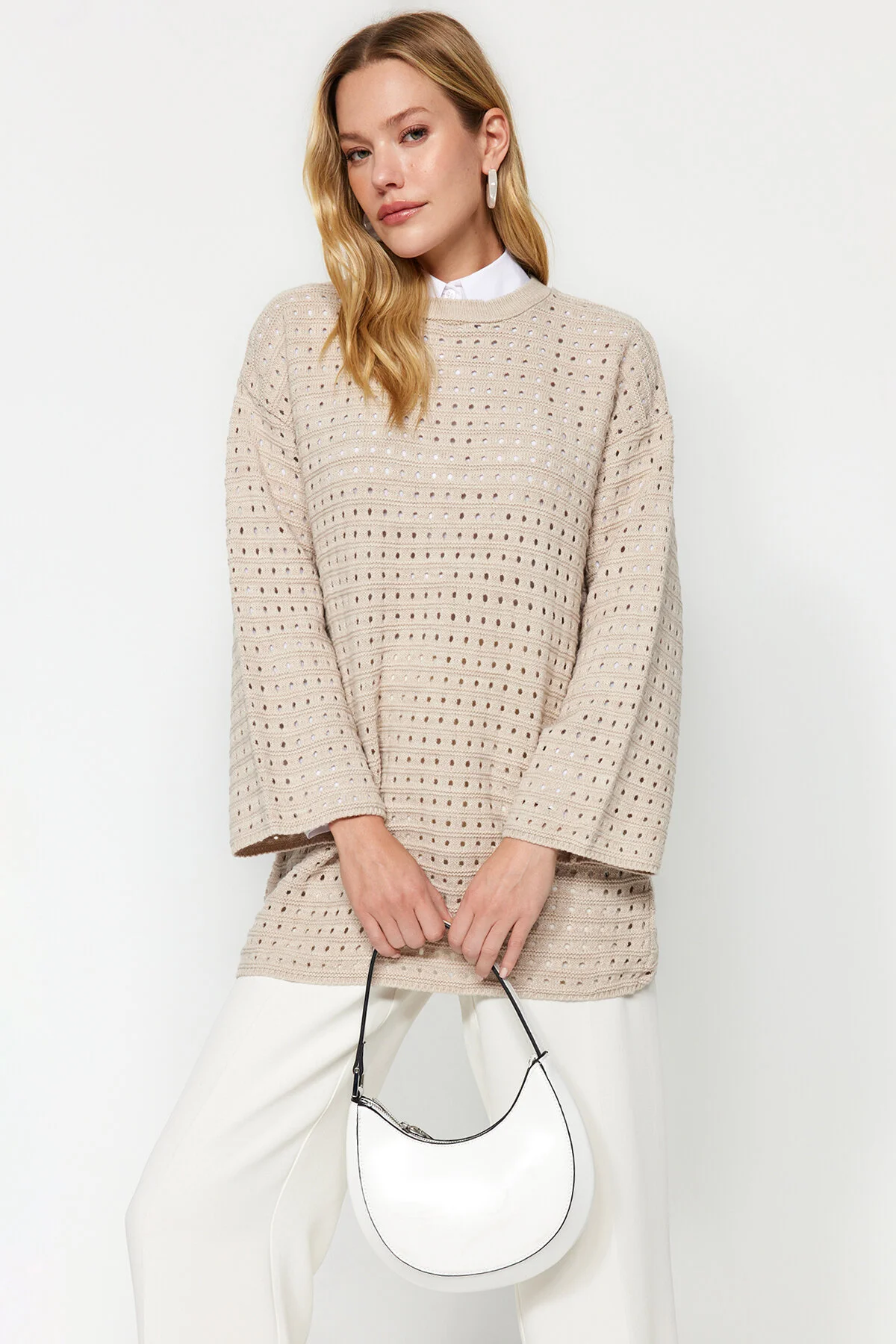 Bild von Trendyol Modest Beigefarbener, Locker Geschnittener, Durchbrochener/loch-strickpullover für Damen - 2XL