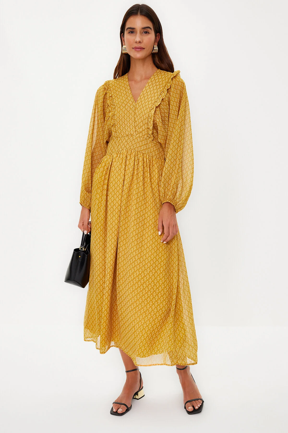 Bild von Trendyol Modest Senfgelbes, Minimal Gemustertes, Mit Chiffon Gefüttertes Webkleid für Damen - 38