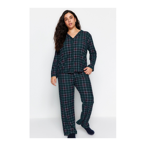 Bild von Trendyol Curve Grünes Pyjama-Set Aus Strick Mit Kariertem Hemdkragen für Damen - 4XL