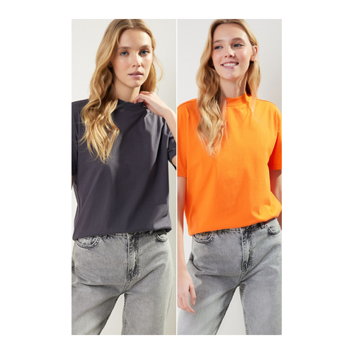 Bild von Trendyol Collection Anthrazit-orange 2er-pack Basic-strick-t-shirt Mit Stehkragen für Damen - L