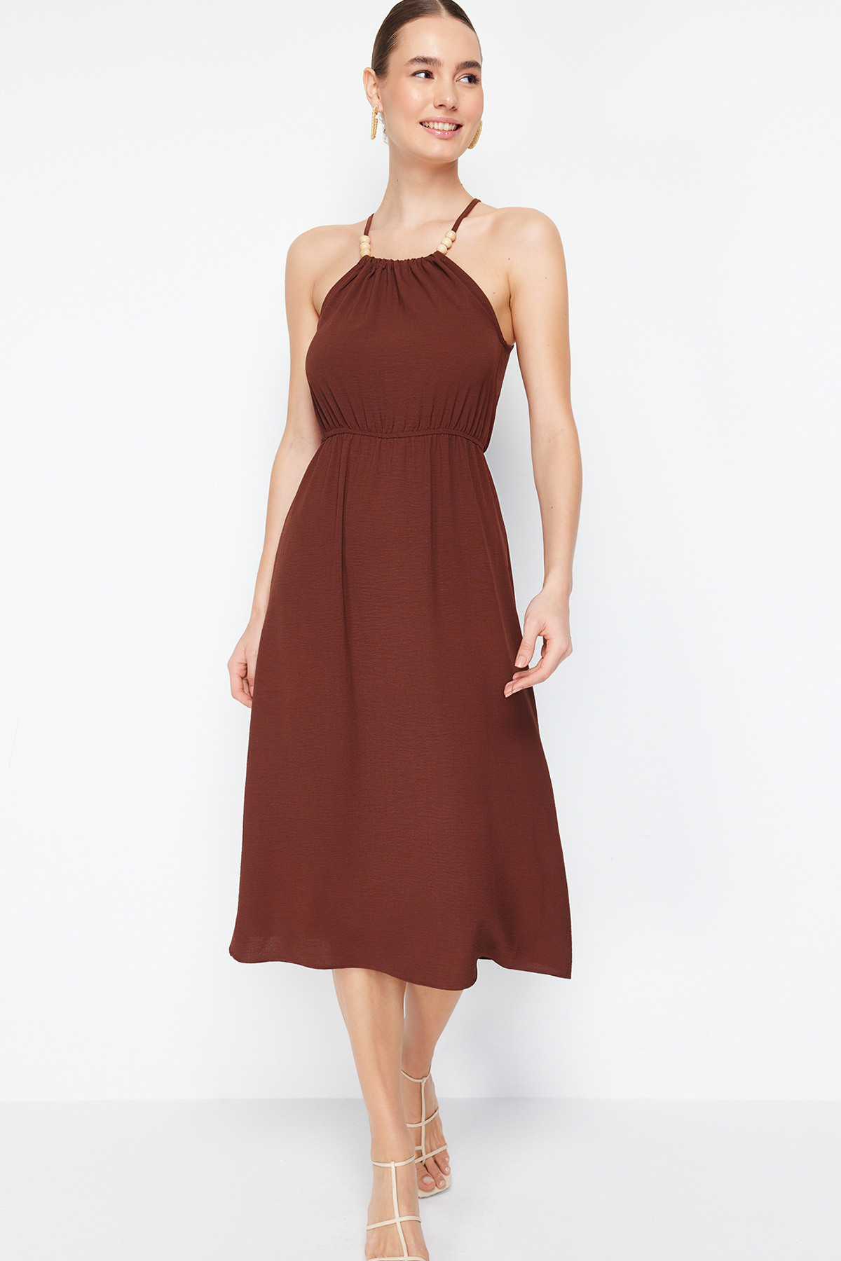 Bild von Trendyol Collection Braunes A-linien-midikleid Aerobin Aus Webstoff Mit Accessoire-details für Damen - 38