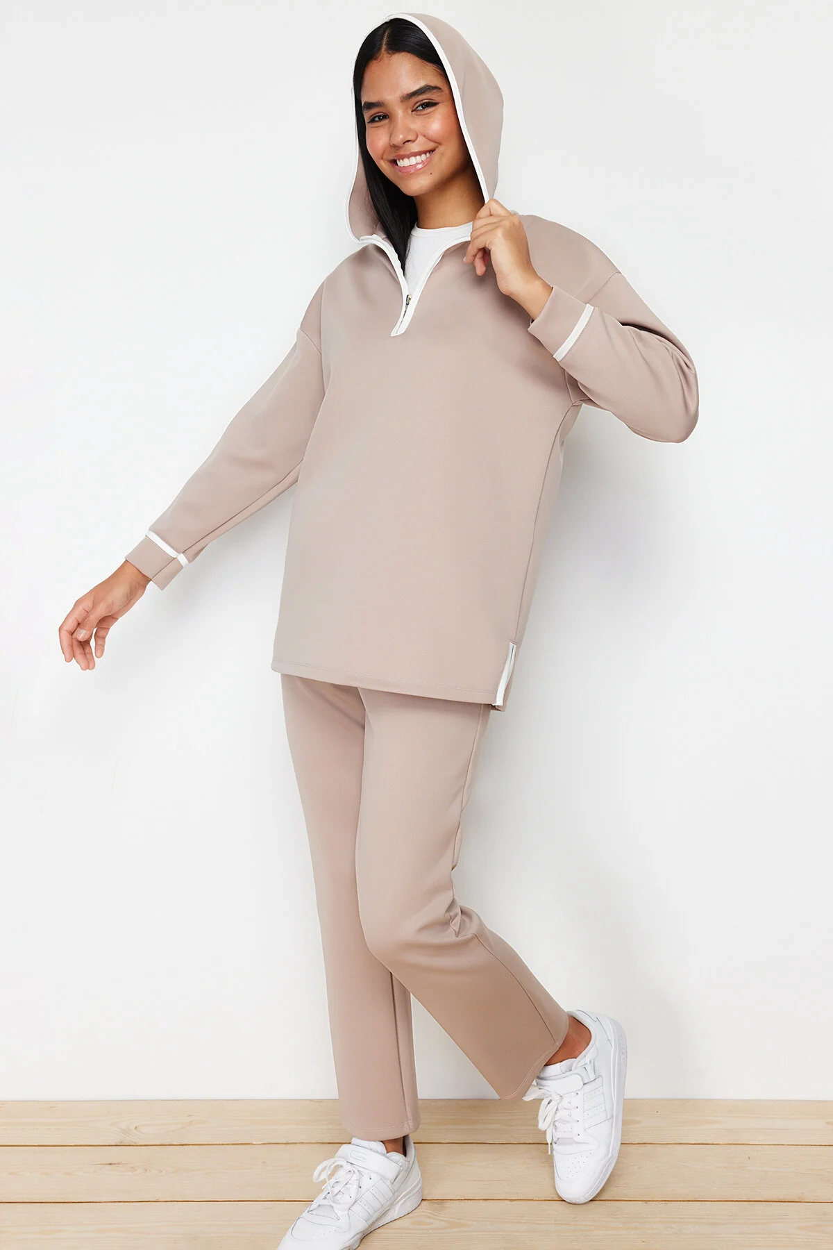 Bild von Trendyol Modest Steinfarbener, Gestreifter, Detaillierter Taucher-/tauchanzug Mit Gestricktem Unterteil Und Oberteil für Damen - XL