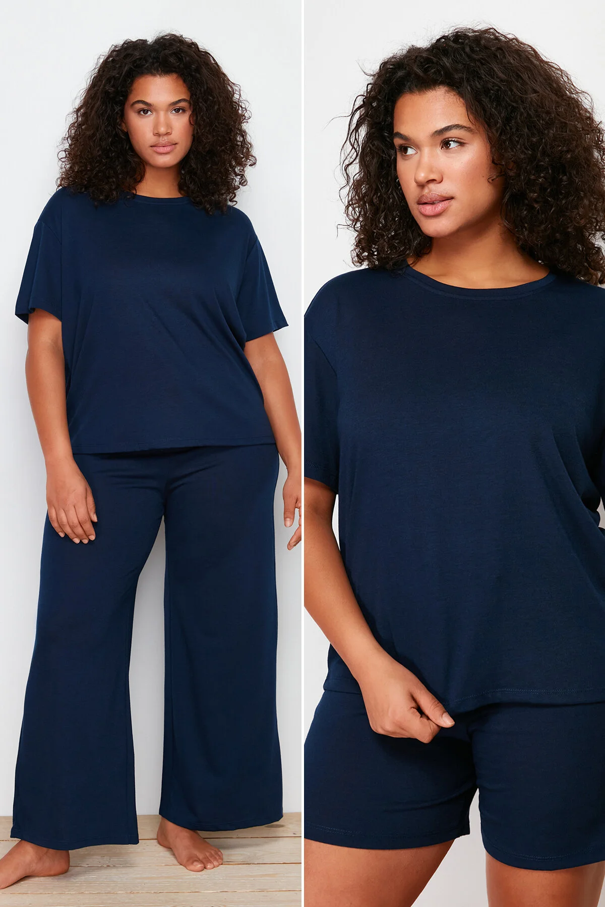 Bild von Trendyol Curve Marineblaues 3-teiliges Strickpyjama-set Mit Rundhalsausschnitt Tbsss24ai00041 für Damen - 6XL