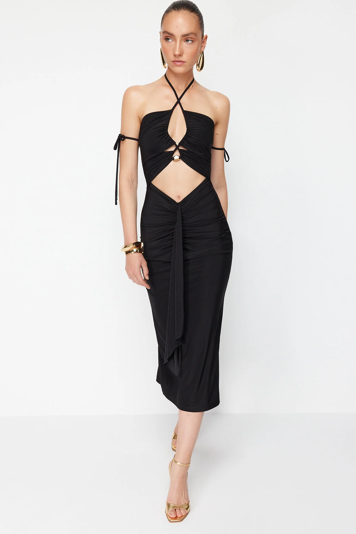 Bild von Trendyol Collection Schwarzes Abendkleid Von Zeynep Tosun – Strick, Fenster Und Accessoire-details für Damen - 36