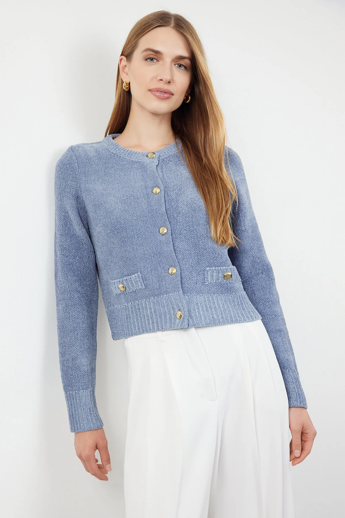 Bild von Trendyol Collection Premium Blue Crop Knitwear Cardigan – Jacke Im Look Mit Taschendetail für Damen - L