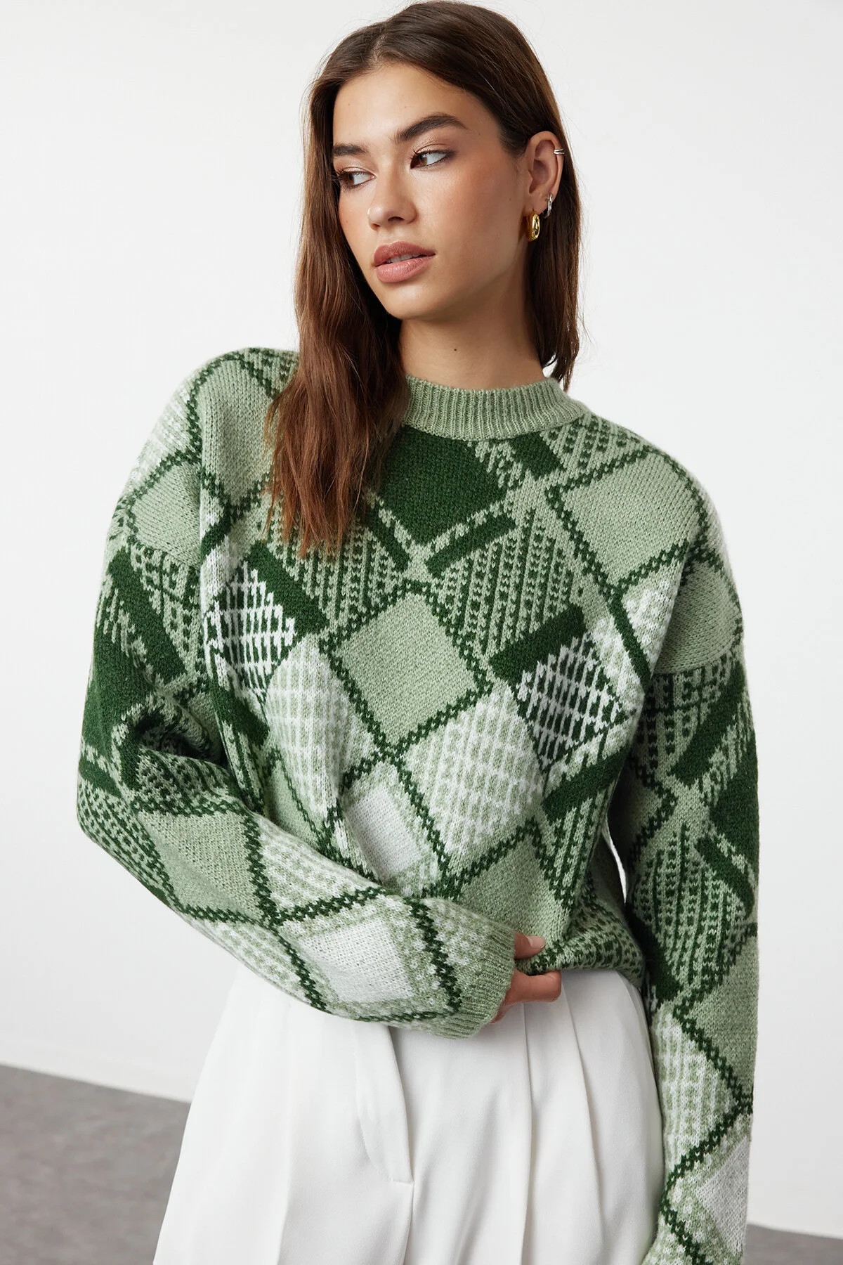 Bild von Trendyol Collection Mintgrüner, Gemusterter, Weich Strukturierter, Kurzer Strickpullover Mit Weiter Passform - für Damen - L