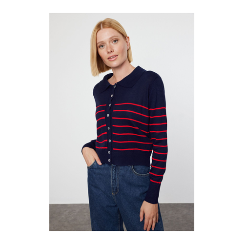 Bild von Trendyol Collection Marineblaue Strickjacke mit Polokragen und Streifen für Damen