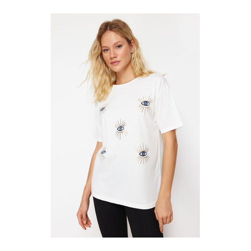 Bild von Trendyol Collection Weißes T-Shirt mit „bösem Blick“-Perlenmotiv und bequemer Passform für Damen - L