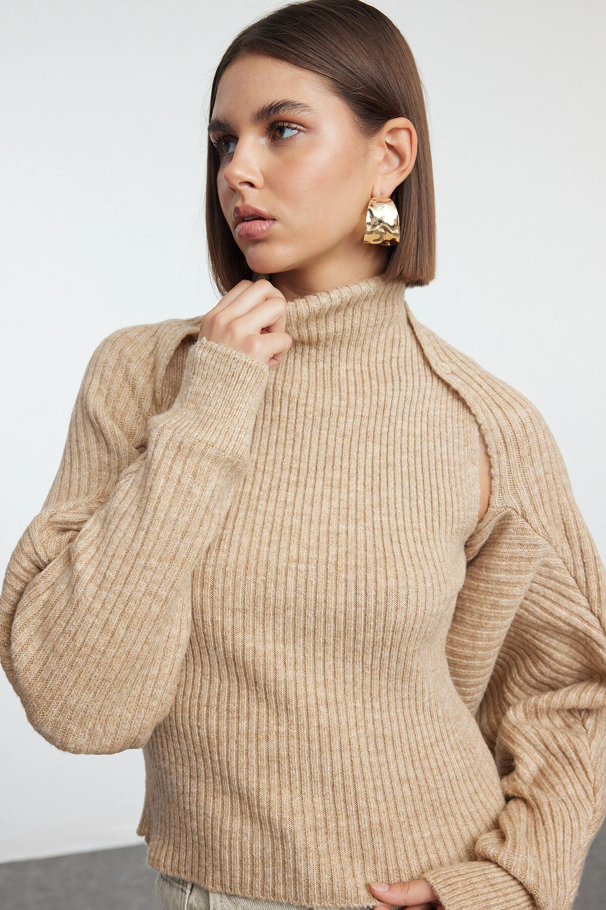 Bild von Trendyol Collection Weich Strukturierter Beige Strickpullover Bolero, für Damen - L