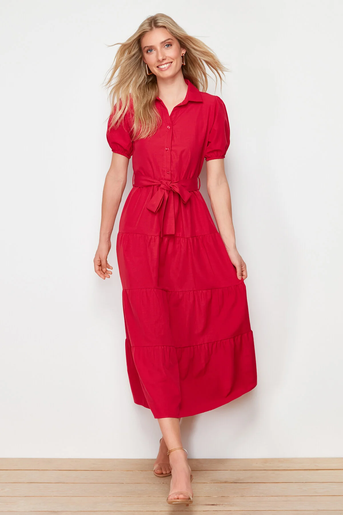 Bild von Trendyol Collection Fuchsia Weit Geschnittenes Maxi-gewebtes Kleid Mit Hemdkragen für Damen - 38