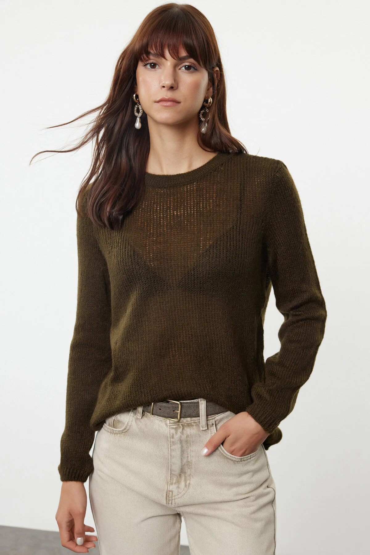 Bild von Trendyol Collection Basic Strickpullover Khaki, Weiche Textur, Locker Gestrickt für Damen - M
