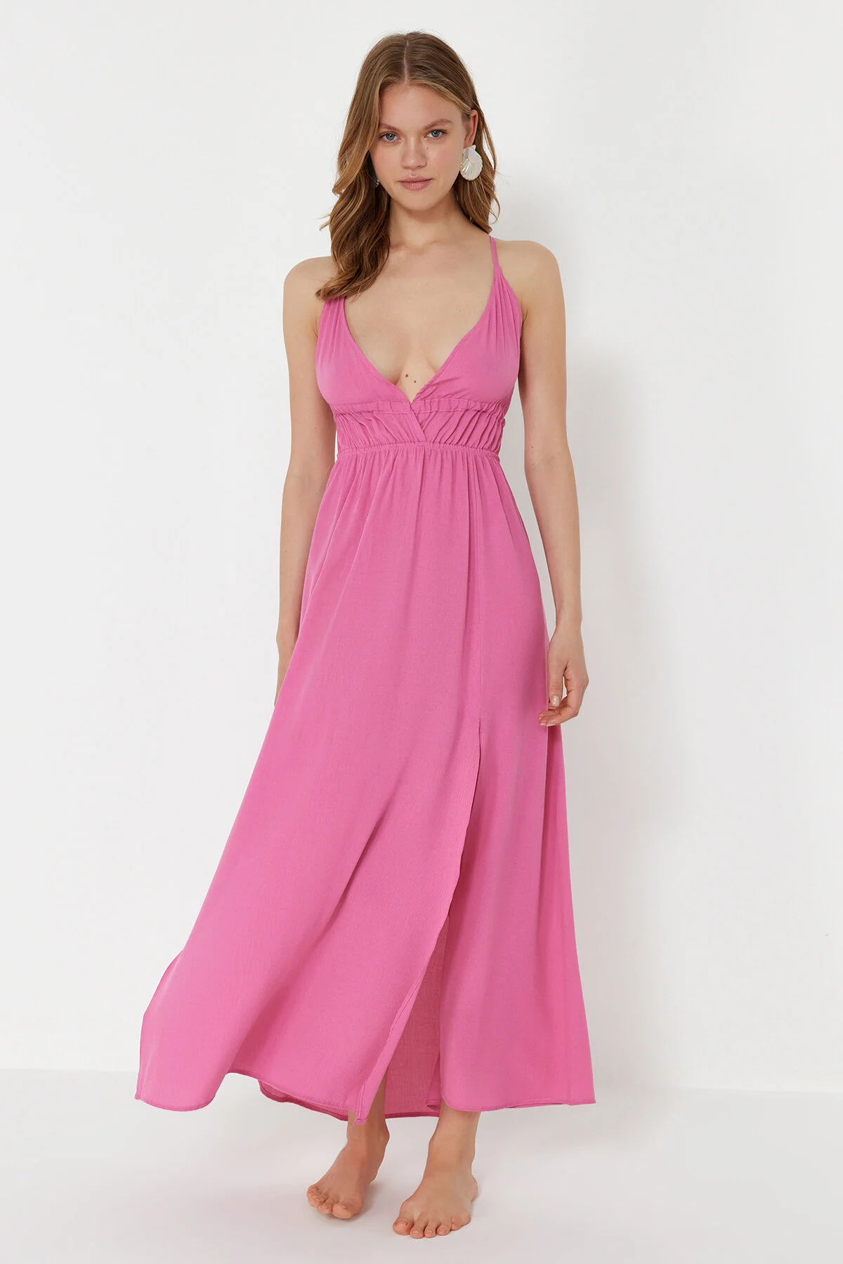 Bild von Trendyol Collection Rosa, Gewebtes, Gerafftes Maxi-strandkleid für Damen - 36