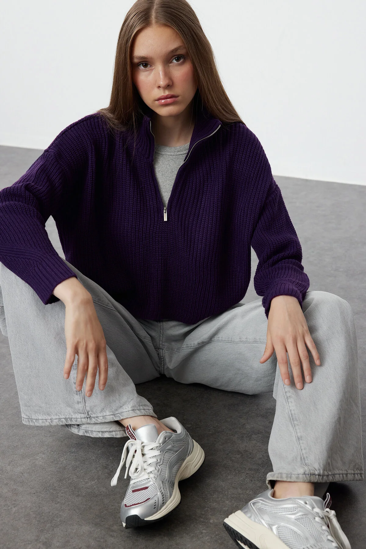 Bild von Trendyol Collection Lilafarbener, Superkurzer Strickpullover Mit Reißverschluss - für Damen - S