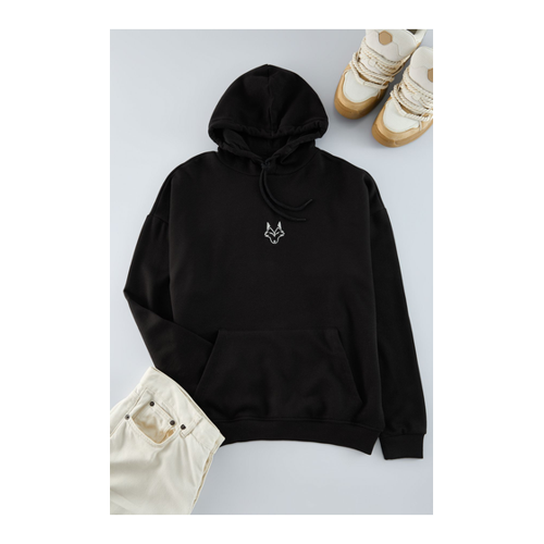 Bild von Trendyol Collection Schwarzes Fleece-Sweatshirt Mit Kapuze Und Wolf-Stickerei