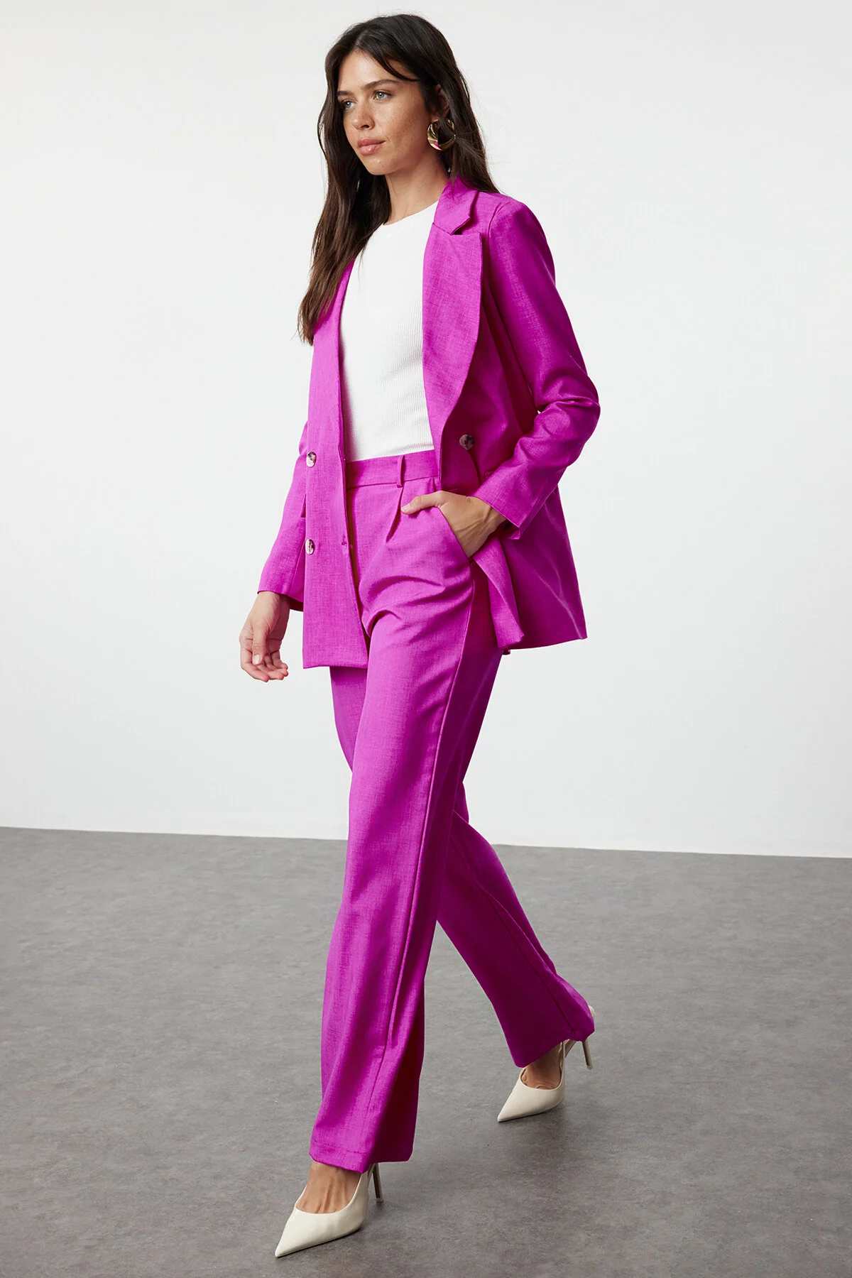 Bild von Trendyol Modest Fuchsiafarbenes Set Aus Jacke Und Hose Aus Gewebtem Leinen - für Damen - 40