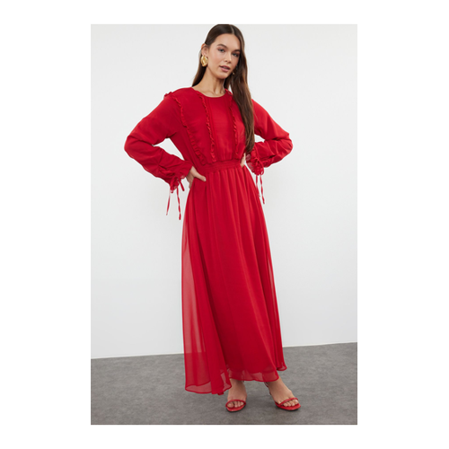 Bild von Trendyol Modest Gewebtes Chiffonkleid Rot mit Rüschenärmeldetail für Damen