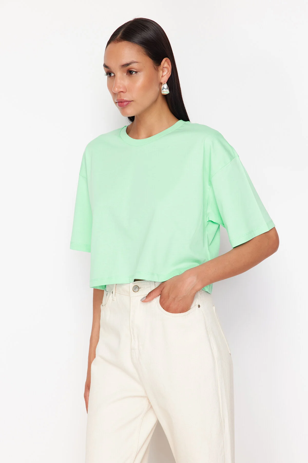 Bild von Trendyol Collection Premium Mint 100 % Baumwolle Basic Crop Strick für Damen - M
