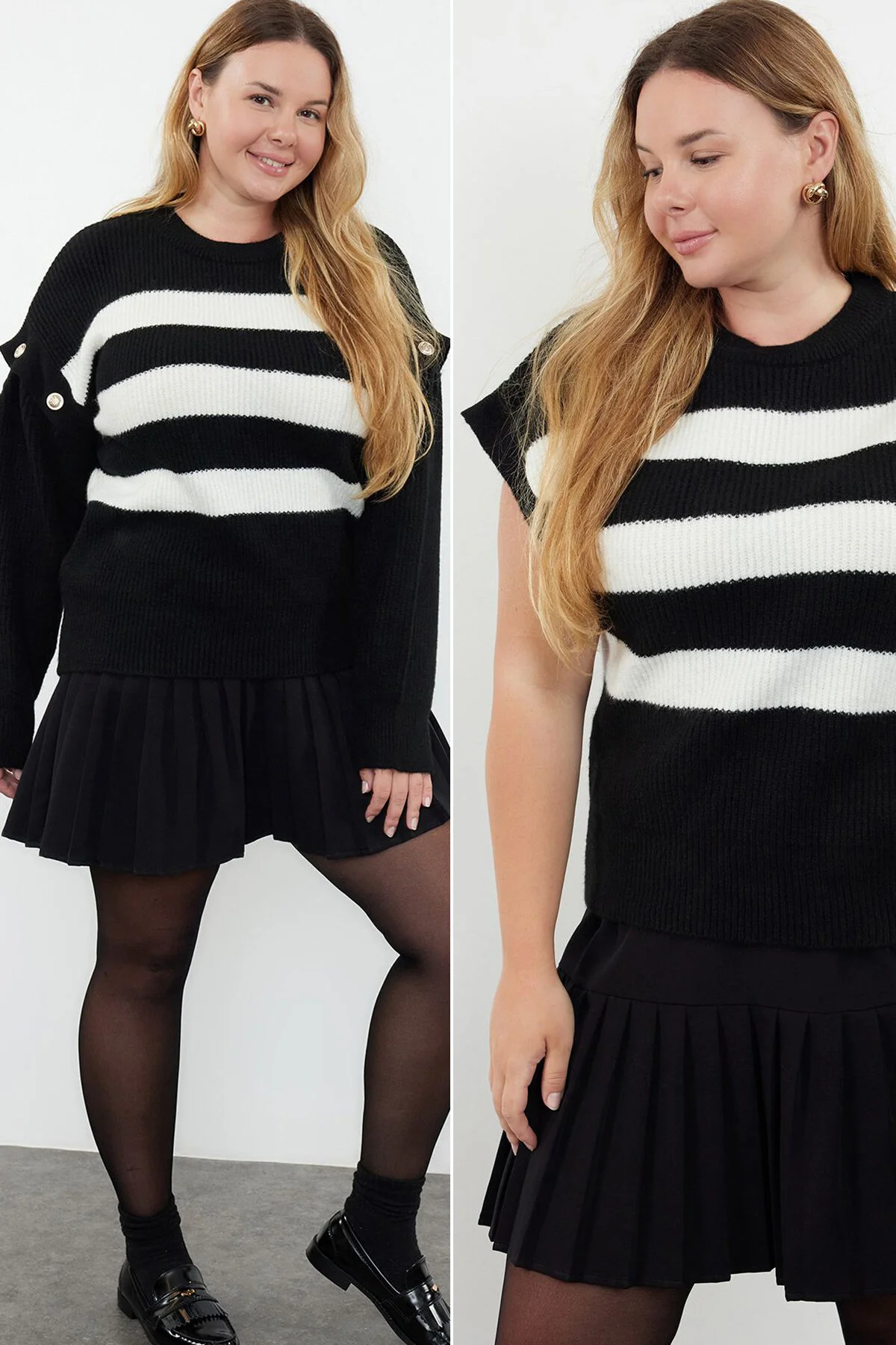 Bild von Trendyol Curve Funktioneller Strickpullover Abnehmbare Ärmel, Schwarz Gestreift für Damen - 3XL